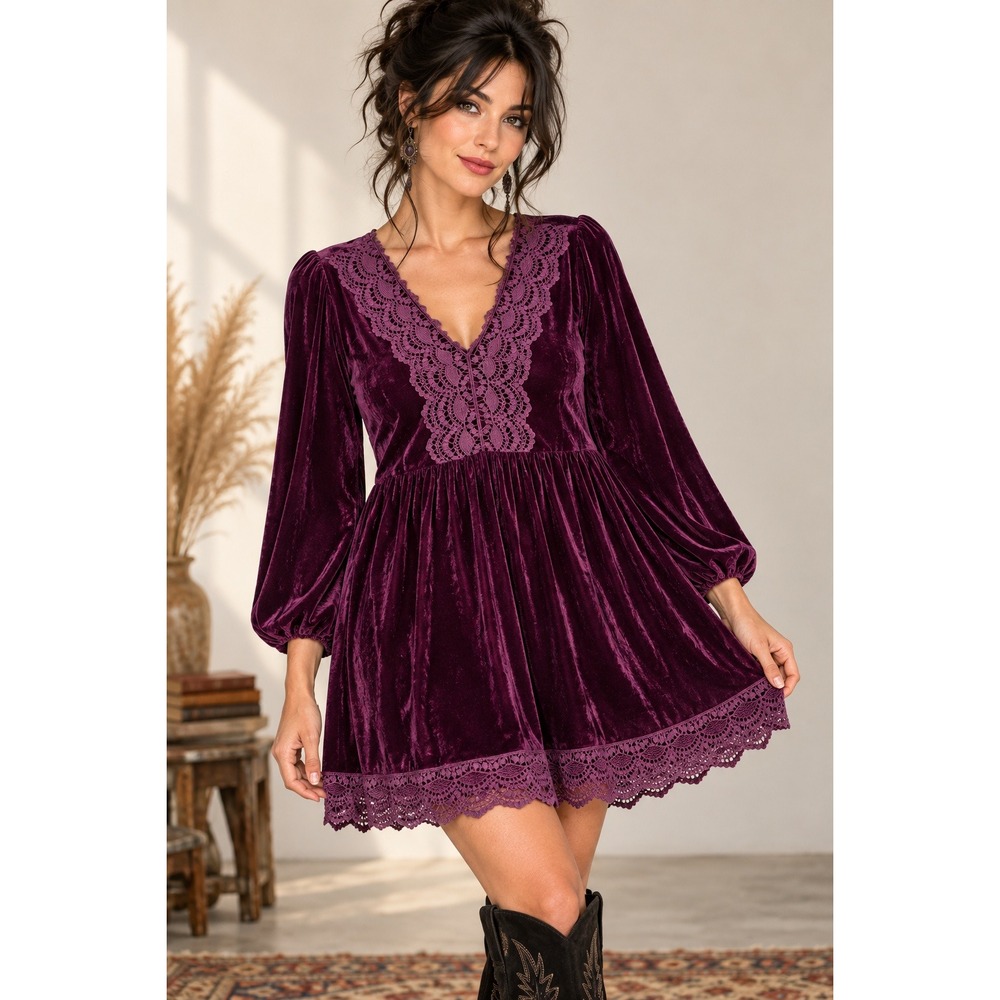 Whimsigoth Witchy Boho Purple Velvet Lace Babydoll Dress 1X Balloon Sleeve